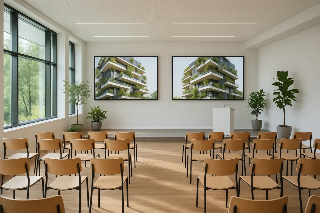 Konferensmiljö med fokus på hållbarhet inom fastighetsbranschen, modern lokal med gröna inslag och ljusa ytor.