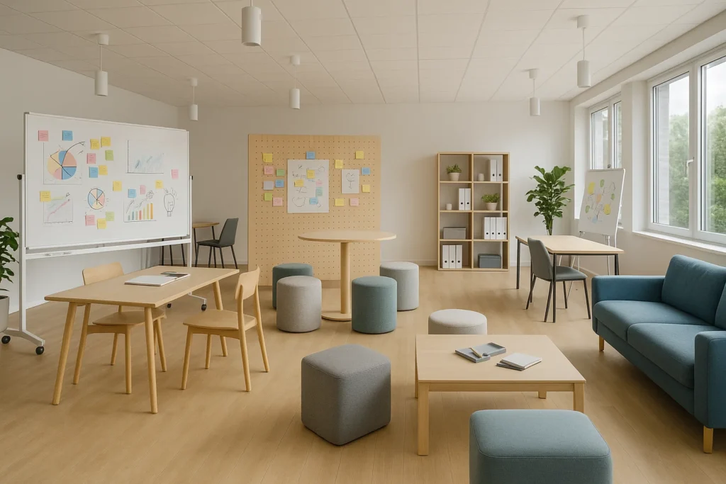 Modern kontorsmiljö med teambuilding-aktiviteter, workshops och kreativa samarbetsytor.