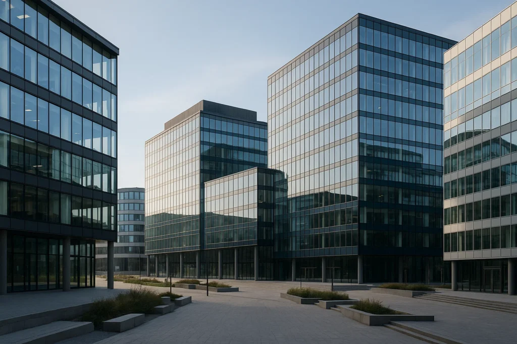 Moderna kontorsfastigheter i svenska storstäder som Solna, Stockholm, Malmö, Göteborg och Lund.
