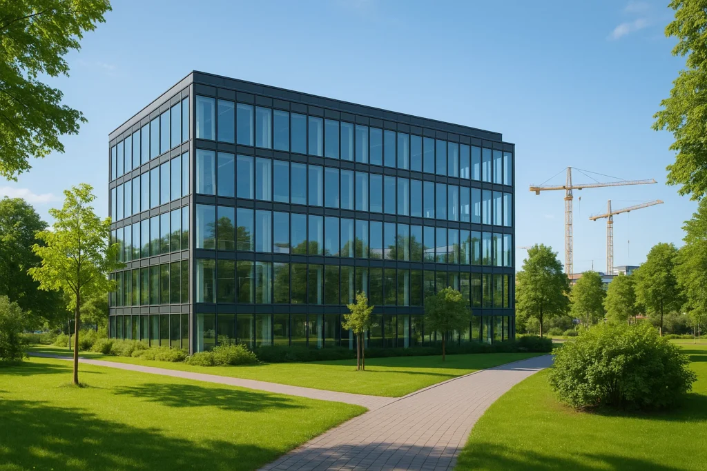 Modernt kontor i Helsingborg med glasfasad och omgivande stadsmiljö som speglar pågående utvecklingsprojekt.