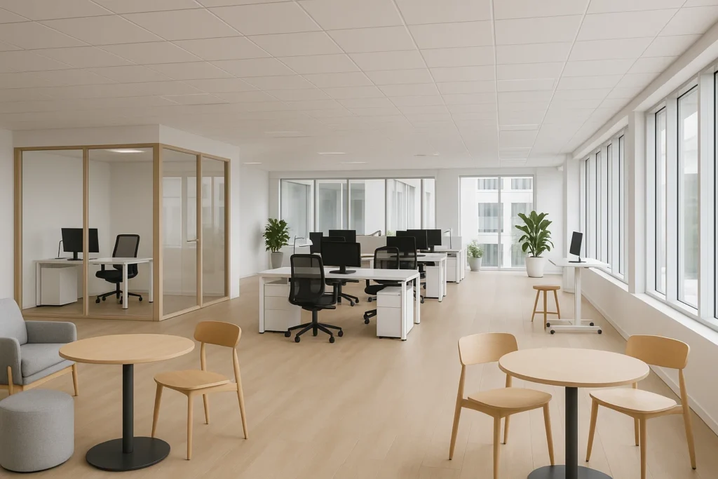 Modernt kontor med kombination av öppet landskap, cellkontor och flexibla arbetsytor.