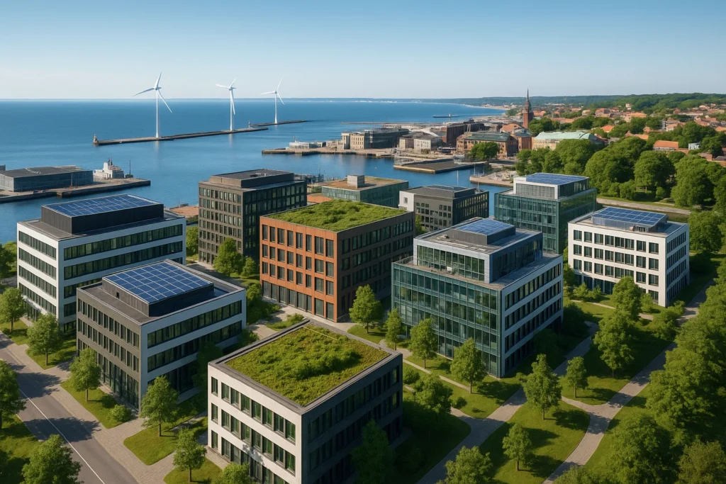 Flygvy över Helsingborgs kust med moderna kontorsbyggnader och hållbara stadsmiljöer.