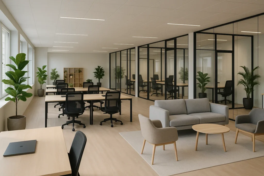 Modern kontorsmiljö i Helsingborg med flexibla arbetsytor, glasväggar och ljusa gemensamma ytor.
