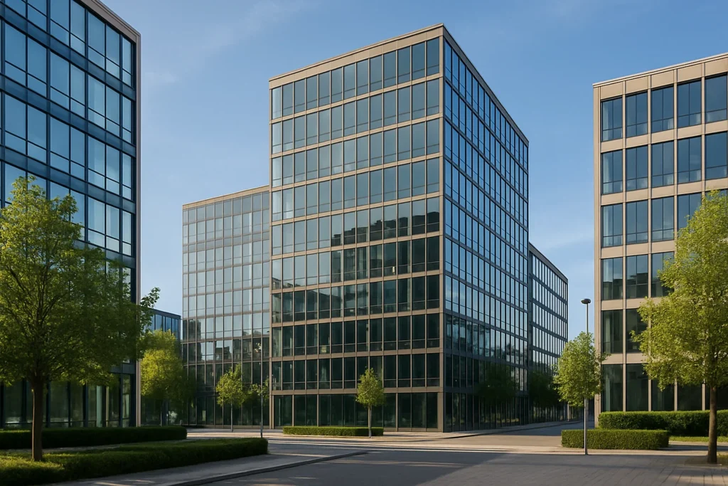 Moderna kontorslokaler i Helsingborgs centrum med glasfasader och livligt affärsdistrikt, omgivet av gröna ytor och stadspuls.