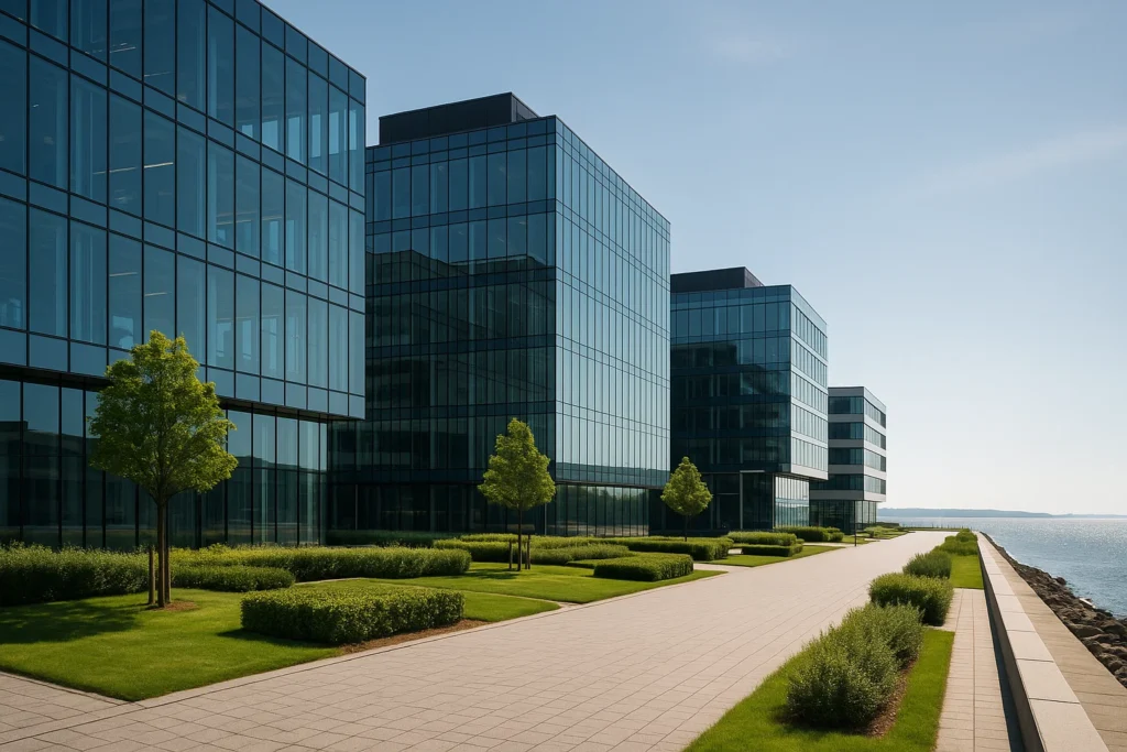 Photorealistic image of modern office buildings by the coast in Helsingborg, with glass facades reflecting sunlight, green landscaping, and a clean, innovative atmosphere. No people, no text.
