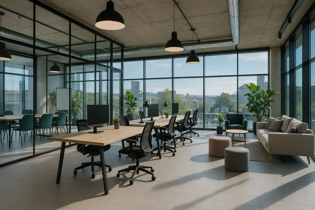 Modernt coworking-kontor i Helsingborg med öppna ytor, glasväggar och kreativa arbetszoner, utformat för samarbete och flexibilitet.