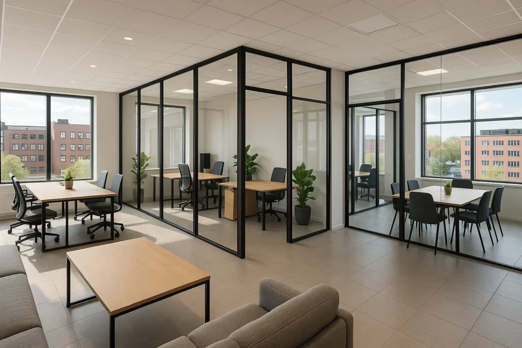 Modernt kontorshotell i Helsingborg med öppna arbetsytor, glasväggar och gemensamma mötesrum i ljus och inspirerande design.